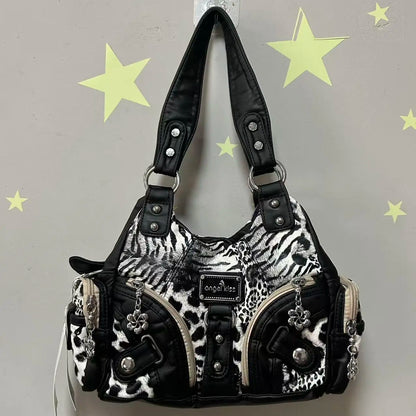 Damen-Schultertasche aus Kunstleder mit Leopardendruck im Vintage Y2K Grunge Stil für Alltag