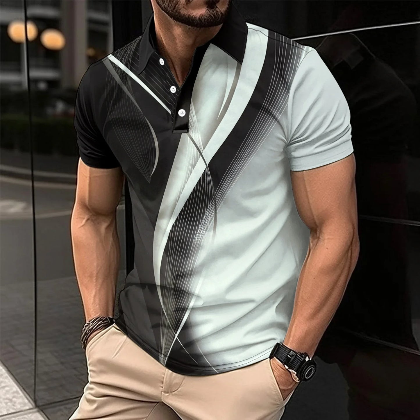Kurzärmeliges Herren-Poloshirt mit Stehkragen und Ananas-Karomuster – lässiges Freizeithemd