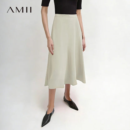 Beige Damenrock mit hoher Taille, A-Linien-Schnitt und weit schwingendem Midi-Saum
