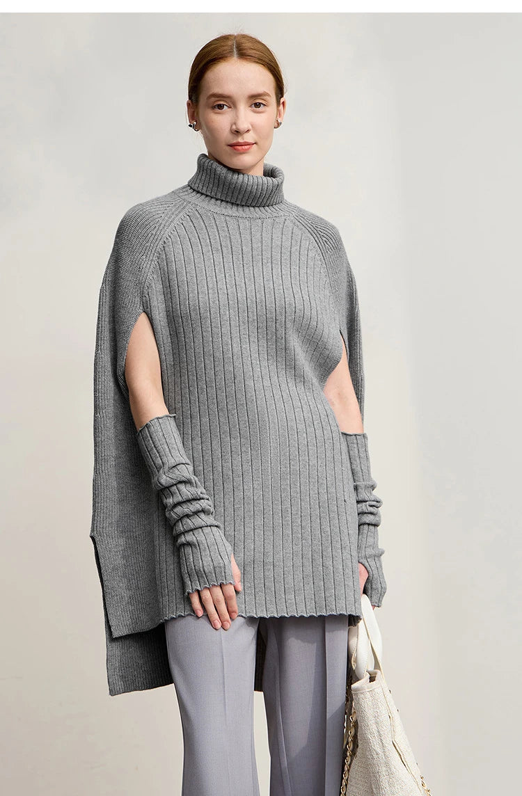 Damen-Rollkragenpullover Cape lang Raglan Streetwear Winter