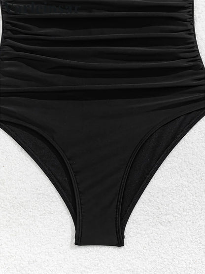 Damen Badeanzug U-Ausschnitt gerüscht hoher Beinausschnitt Monokini gepolstert
