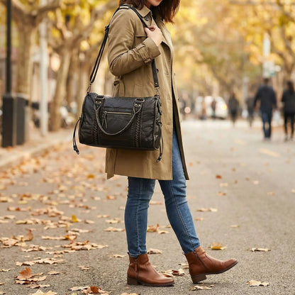 Damen-Handtasche aus PU-Leder Weinrot Großes Fassungsvermögen Schultertasche Boston-Stil