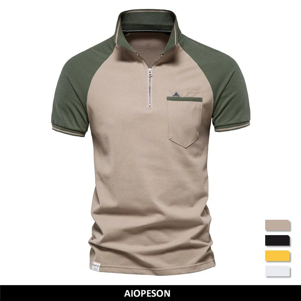 Herren Poloshirt aus Baumwolle mit Patchwork und Reißverschluss für den Sommer