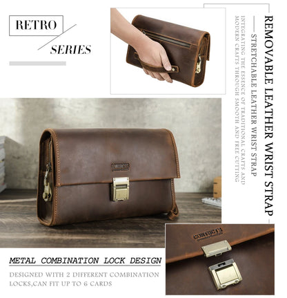 Braune Leder-Clutch im Retro-Stil mit Metallschloss, Metall-Akzenten und Trageschlaufe