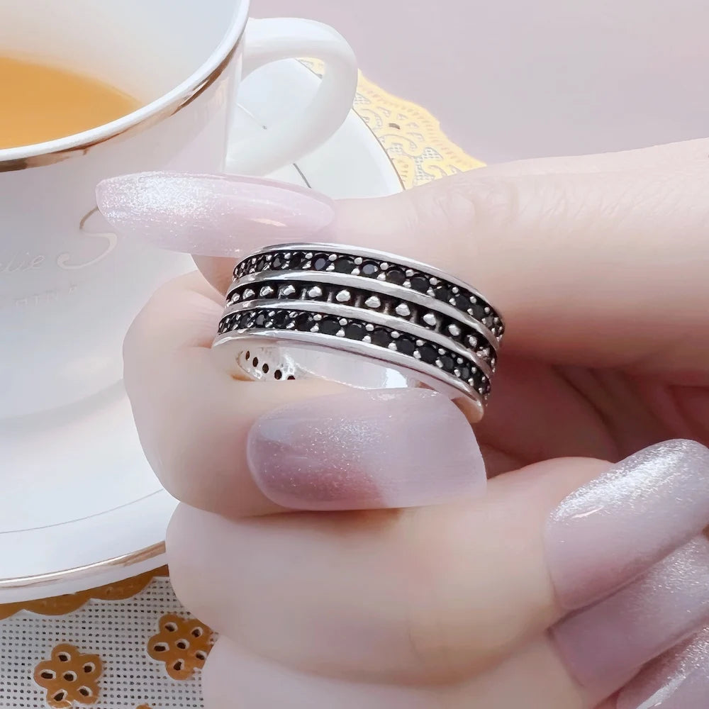 Damen-Bandring schwarzes Zirkonia-Pavé Vintage aus Sterlingsilber
