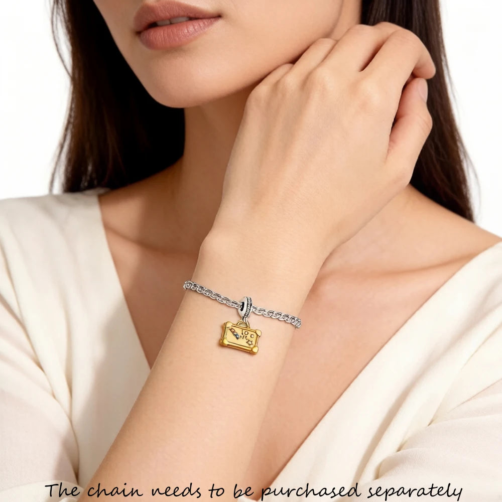Damen-Charm-Anhänger Vintage Koffer golden Reise aus Sterlingsilber