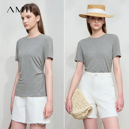 Damen Sommer-T-Shirt im minimalistischen Stil mit schmalem O-Ausschnitt und kurzen Ärmeln