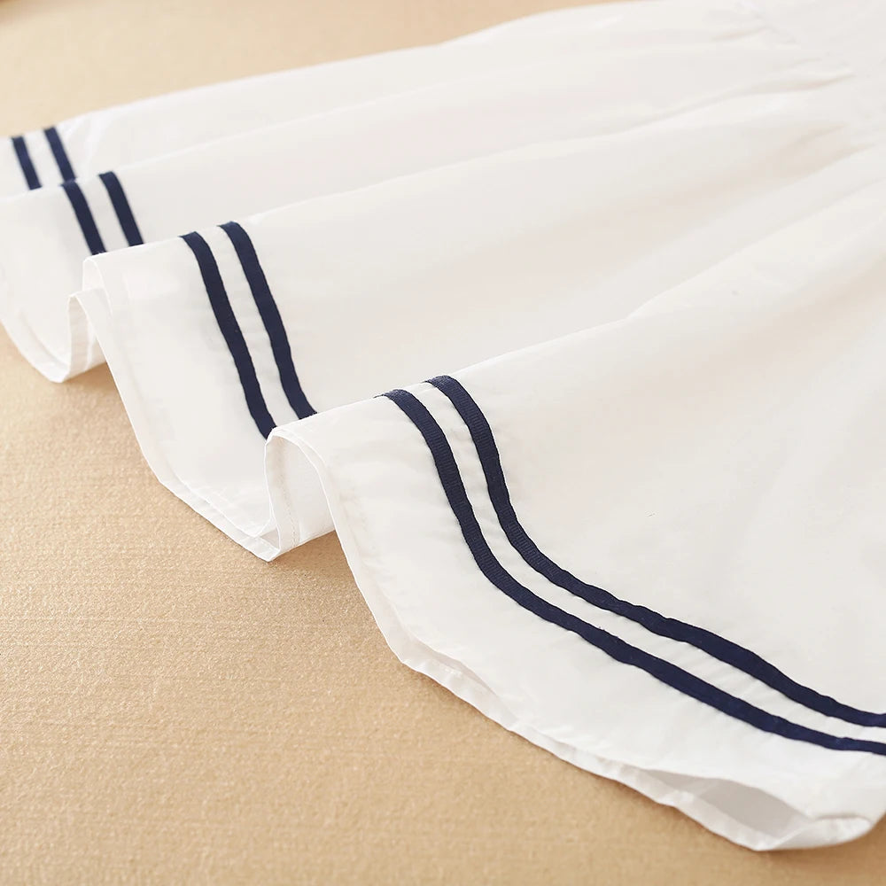 Girls Dress 100% Cotton White Sailor Back to School Dress Suitable for 5-12  Years Old Girls Short Sleeved Summer Dresses
