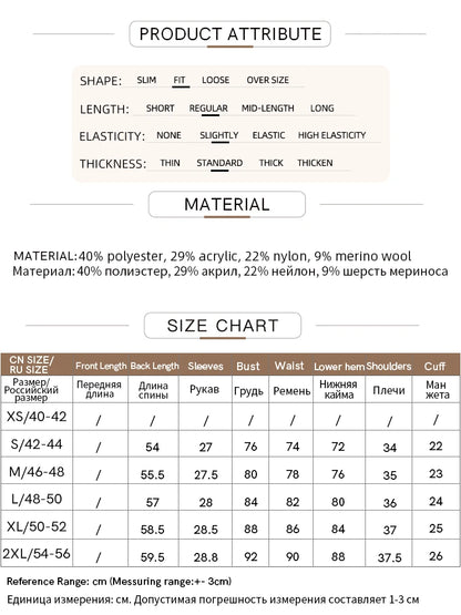 Produktattribute, Material- und Größentabelle für AMII Strickpullover