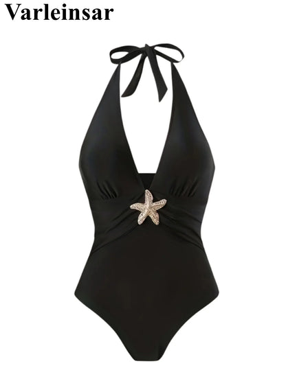 Damen Badeanzug Rock tiefer V-Ausschnitt Neckholder Seestern gepolstert Einteiler