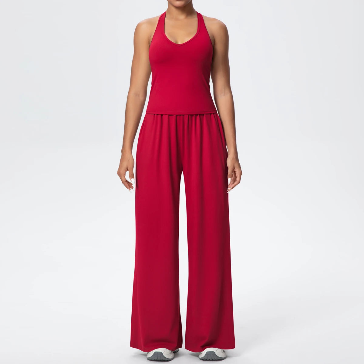 Damen-Yoga-Set: Tanktop und weite Hose, rot, mit gerafftem Bund