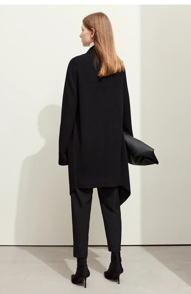 Damen-Strickjacke Wolle Umlegekragen lang locker Tasche Herbst
