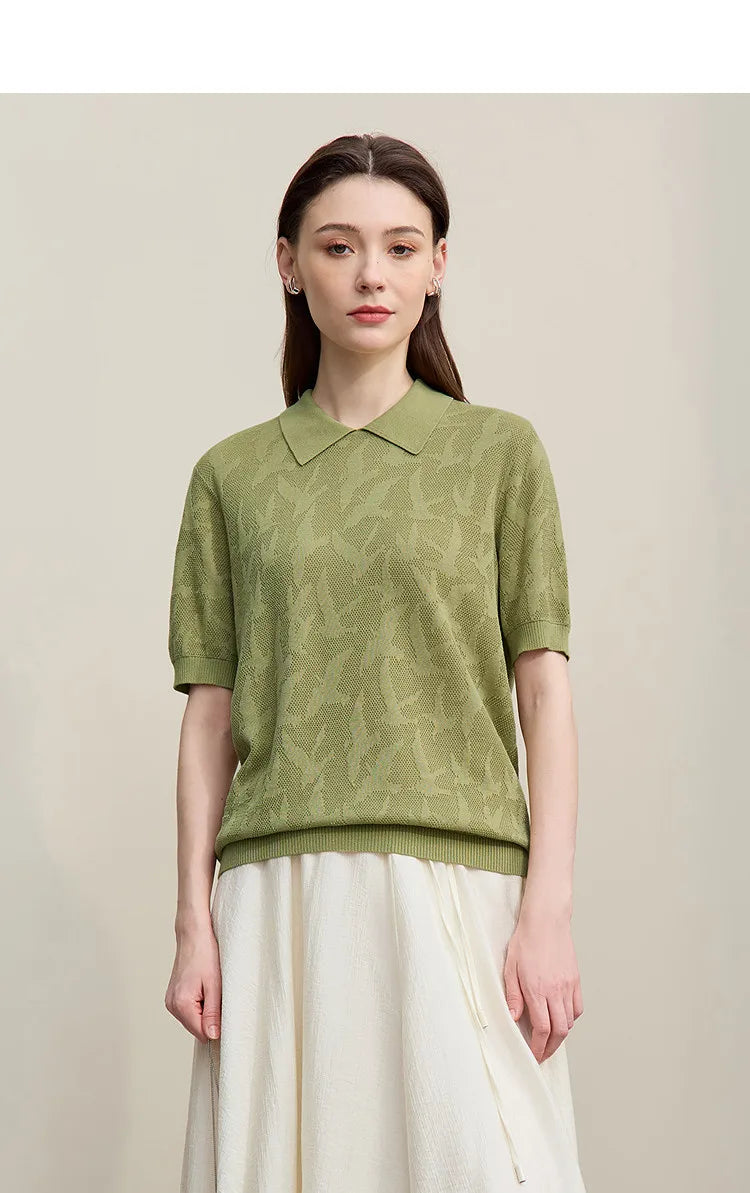 Grüner Jacquard-Strickpullover mit Polokragen, lockere Passform