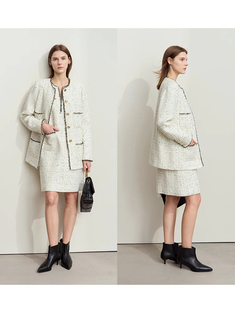 Damen eleganter Tweed-Wollmantel mit Schulterpolstern und lockerer Passform