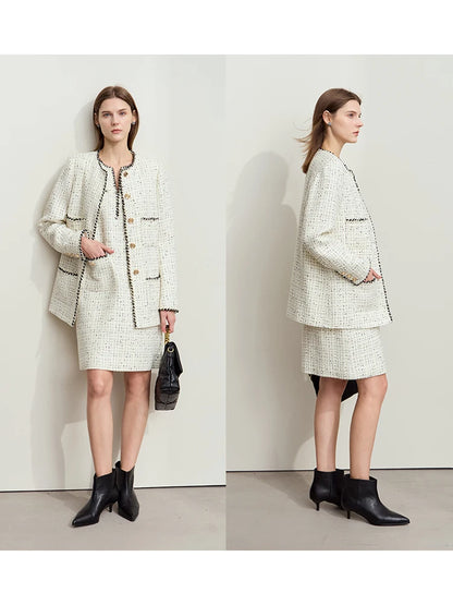 Damen eleganter Tweed-Wollmantel mit Schulterpolstern und lockerer Passform