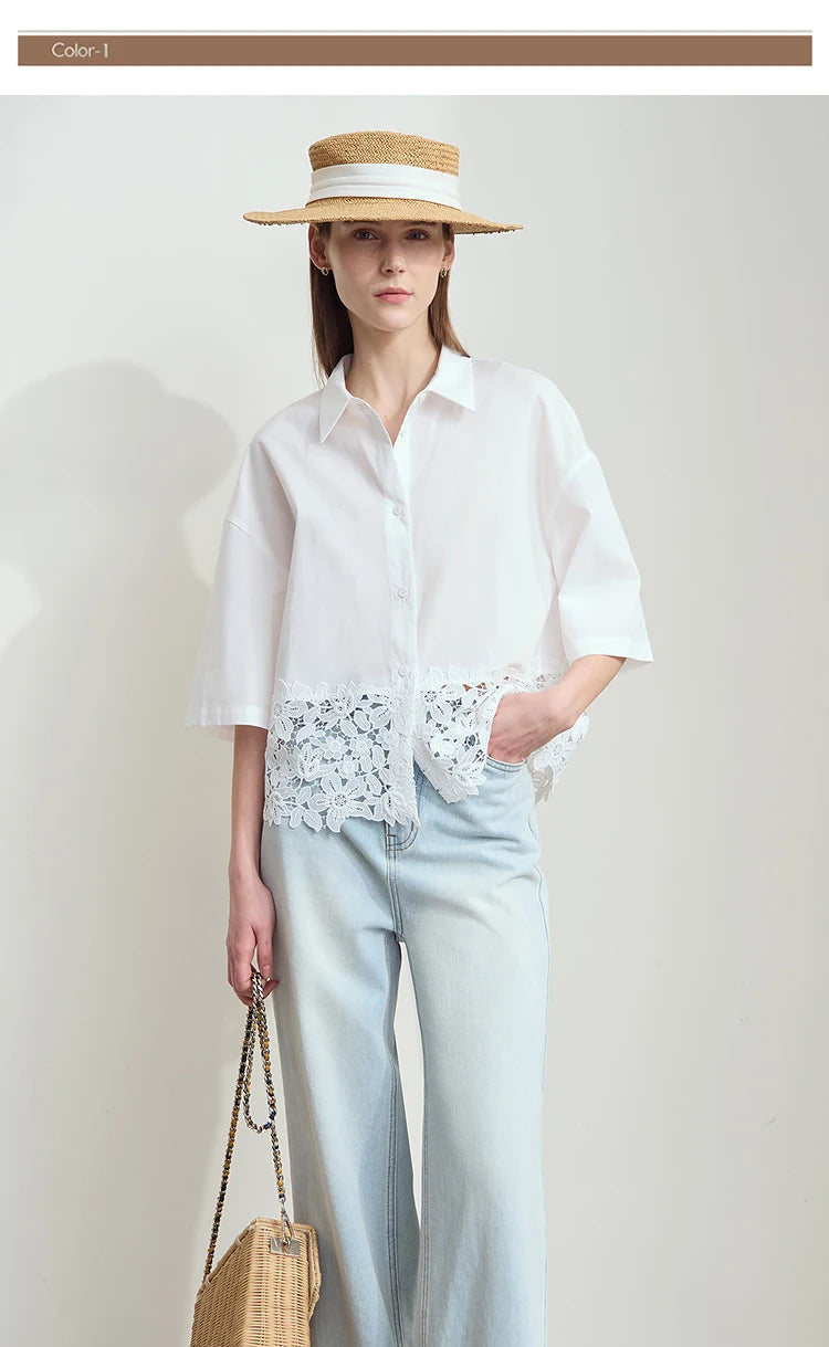 Damen Kurzarm Shirt mit drehbarem Kragen und solider Aushöhlung