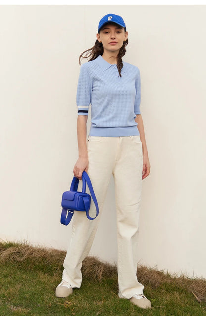Damen Pullover im Minimalismus-Stil mit Polo-Ausschnitt und Kontrastfarben