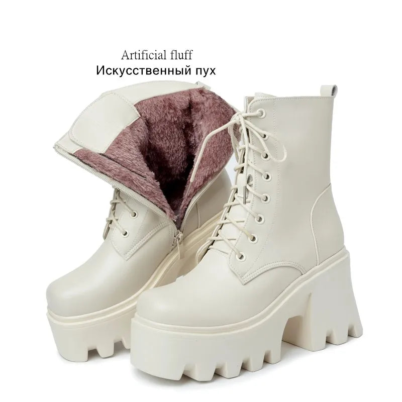 Beige Damen-Winterstiefel, Schnürung, Innenfutter mit Kunstfell, chunky Plateauabsatz