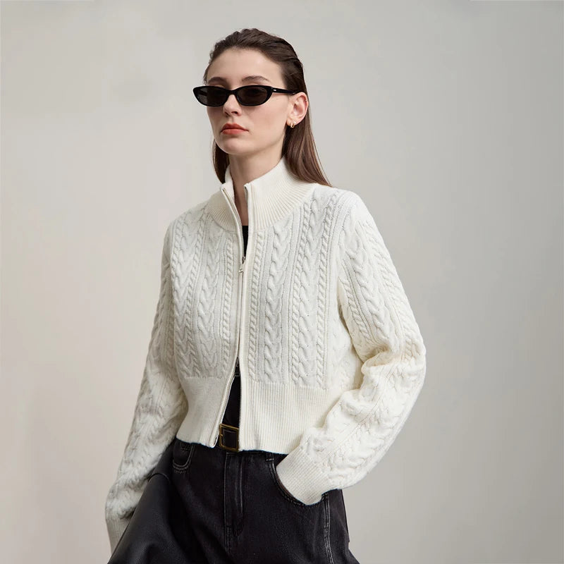Damen-Rollkragen-Strickjacke Reißverschluss schlank Herbst