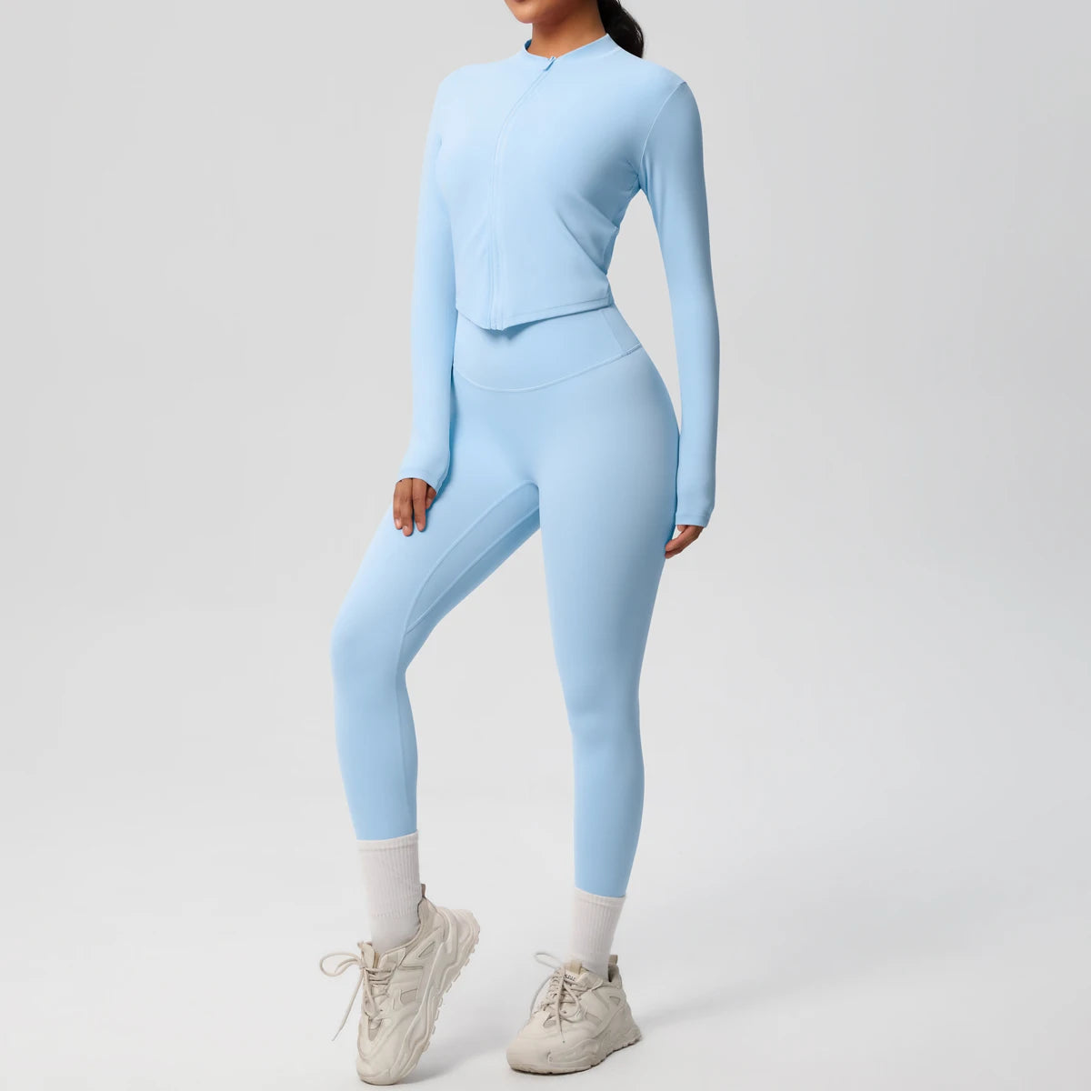 Damen Yoga-Set 2-teilig, hellblau, Slim-Fit Langarmshirt mit Reißverschluss