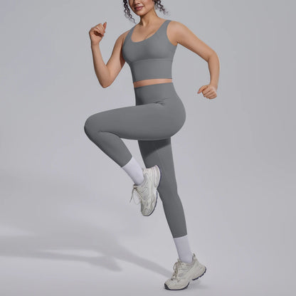 Damen-Yoga-Set, grau: enges Top mit Rückenausschnitt und Leggings, Knie-Bund