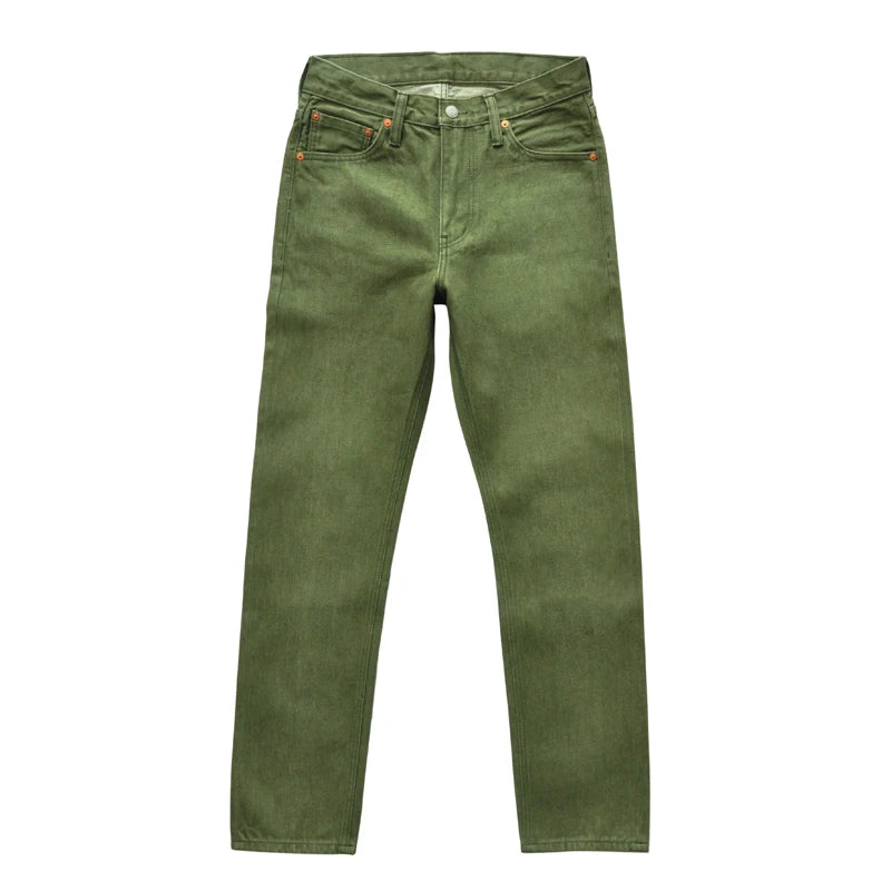 Herren Jeans in Vulkanisiertem Olivgrün mit Slim Fit und Reißverschluss