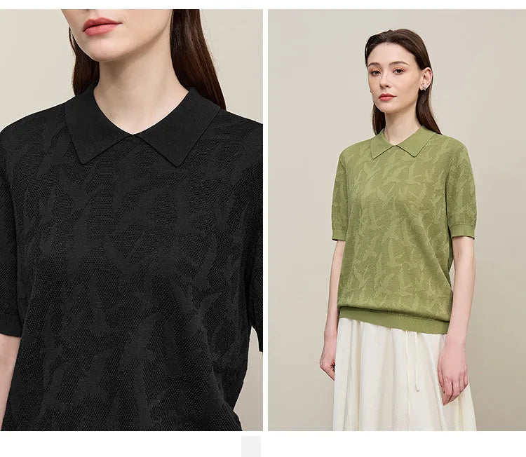 Schwarzer und grüner Jacquard-Strickpullover mit Reverskragen und kurzem Arm