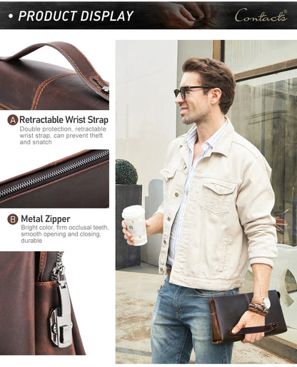 Herren-Leder-Clutch mit ausziehbarer Handgelenkschlaufe und Metallreißverschluss.