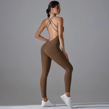 Brauner Yoga-Bodysuit mit Racerback, rückenfrei und dünnen Trägern