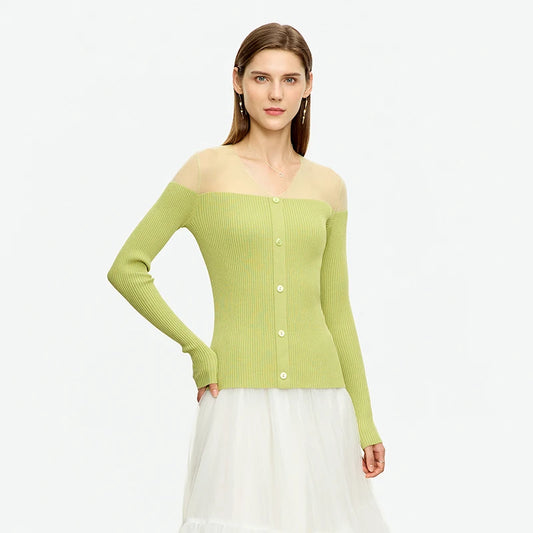 Damen V-Ausschnitt Pullover Viskose Mesh Organza Slim Frühling