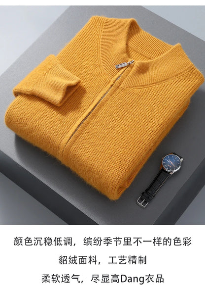 Pullover aus 100 % reinem Nerz-Kaschmir für Herren, Stehkragen, verdickte Strickjacke, Herbst/Winter, warm, lässig, gestrickt, große Oberteile mit Reißverschluss