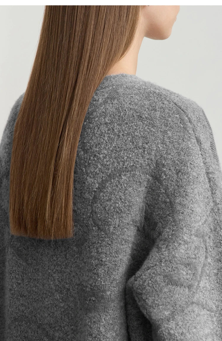 Damenpullover mit Rundhalsausschnitt aus grauem Jacquard-Strick, lange Ärmel