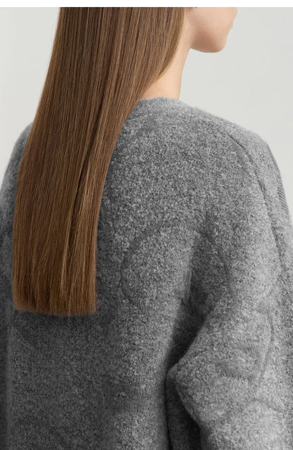 Damenpullover mit Rundhalsausschnitt aus grauem Jacquard-Strick, lange Ärmel