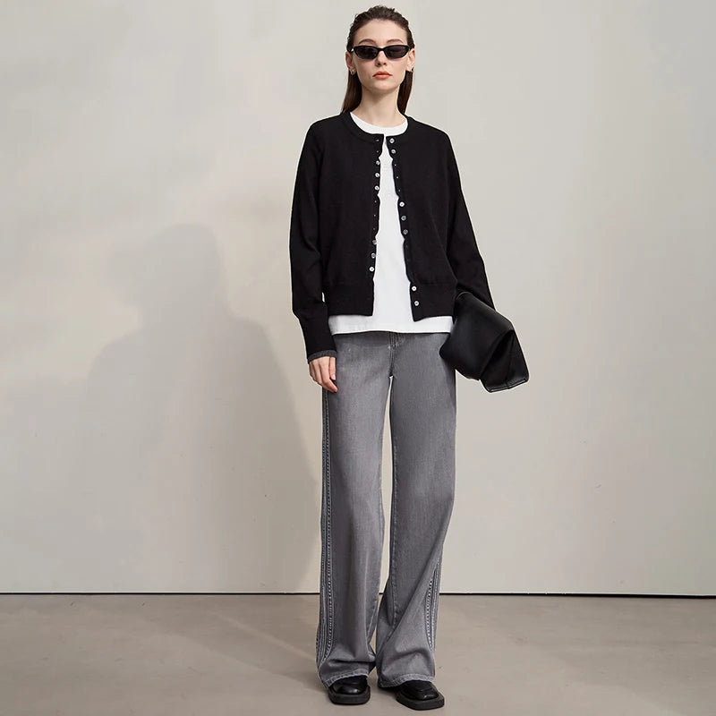 Damen-Rundhalspullover Strickjacke einfarbig einreihig Herbst-Winter