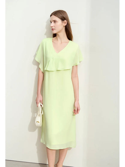 Stilvolles Chiffon Midi Kleid Damen V Ausschnitt Weicher Sommerstoff