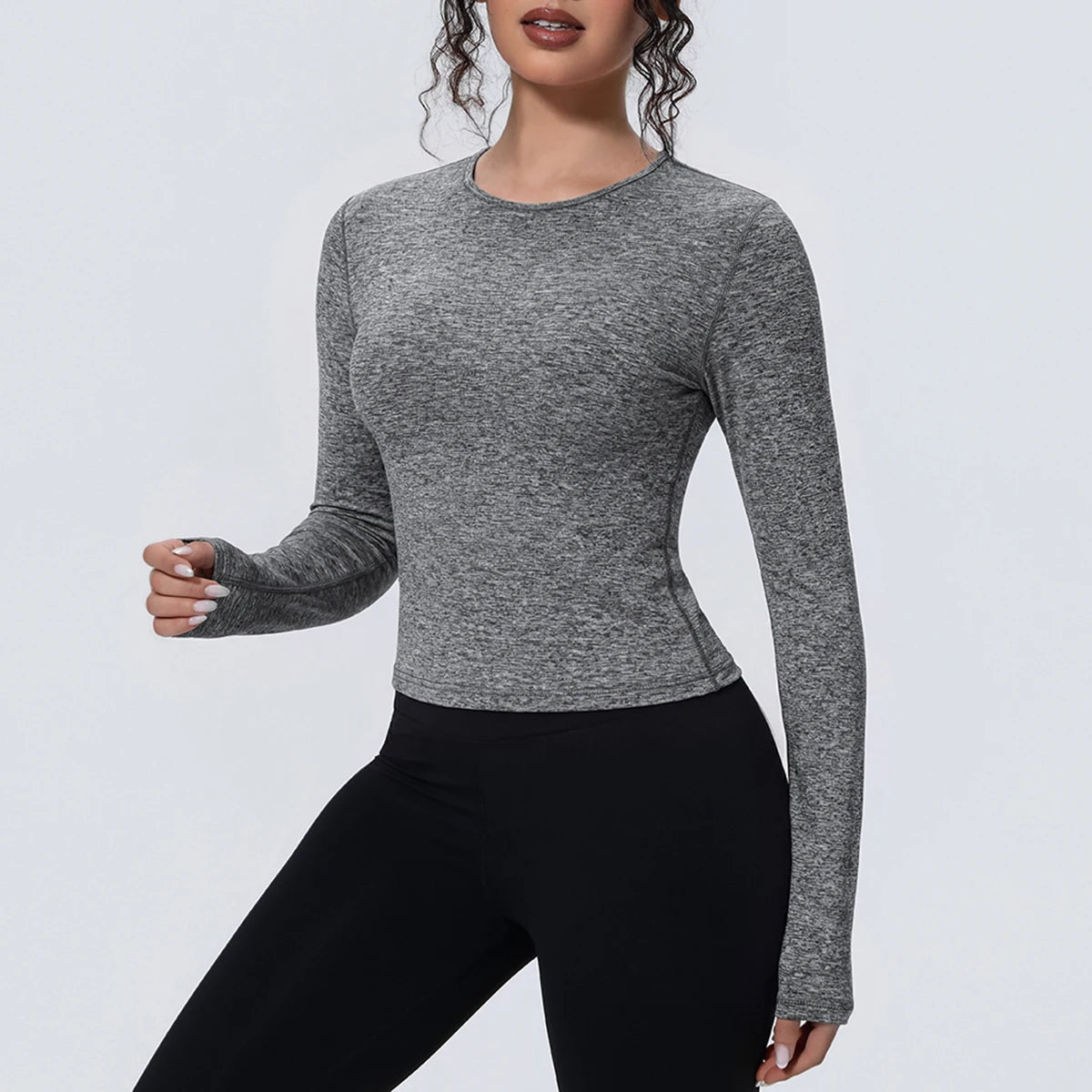Yogashirt mit langen Ärmeln, graumeliert, schmaler, figurbetonter Sitz