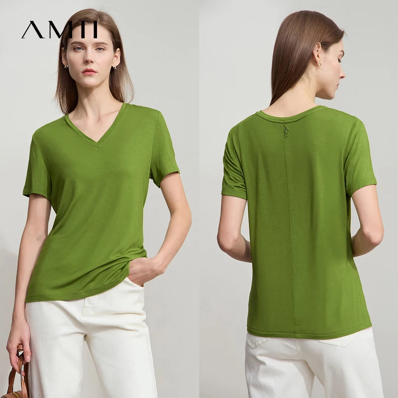 Damen T-Shirt im minimalistischen Casual-Stil mit V-Ausschnitt und kurzen Ärmeln