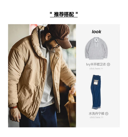 Herren Mantel Retro Khaki Stehkragen gefütterte Puffjacke mit Reißverschluss