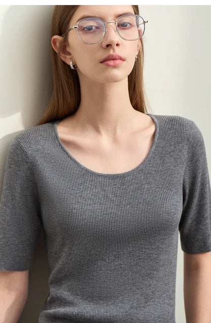 Damen-Rundhalspullover Wolle-Seide Aushöhlung Slim Kurzarm Pendler Sommer