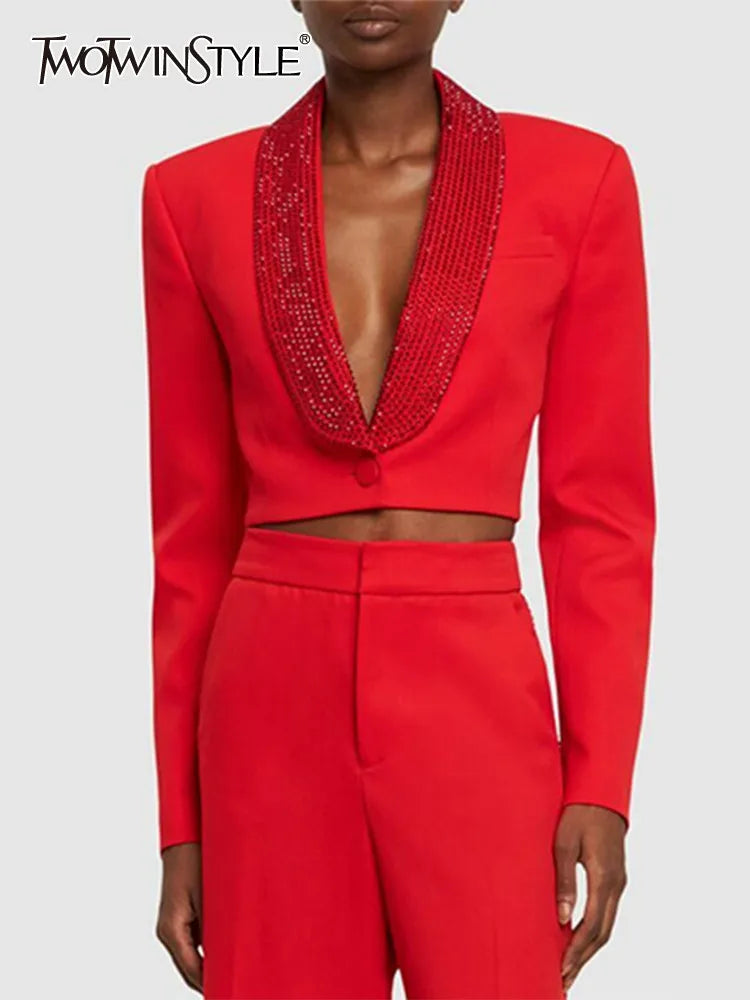 Roter Damenblazer mit tiefem Reverskragen, einreihig, Patchwork-Besatz vorne