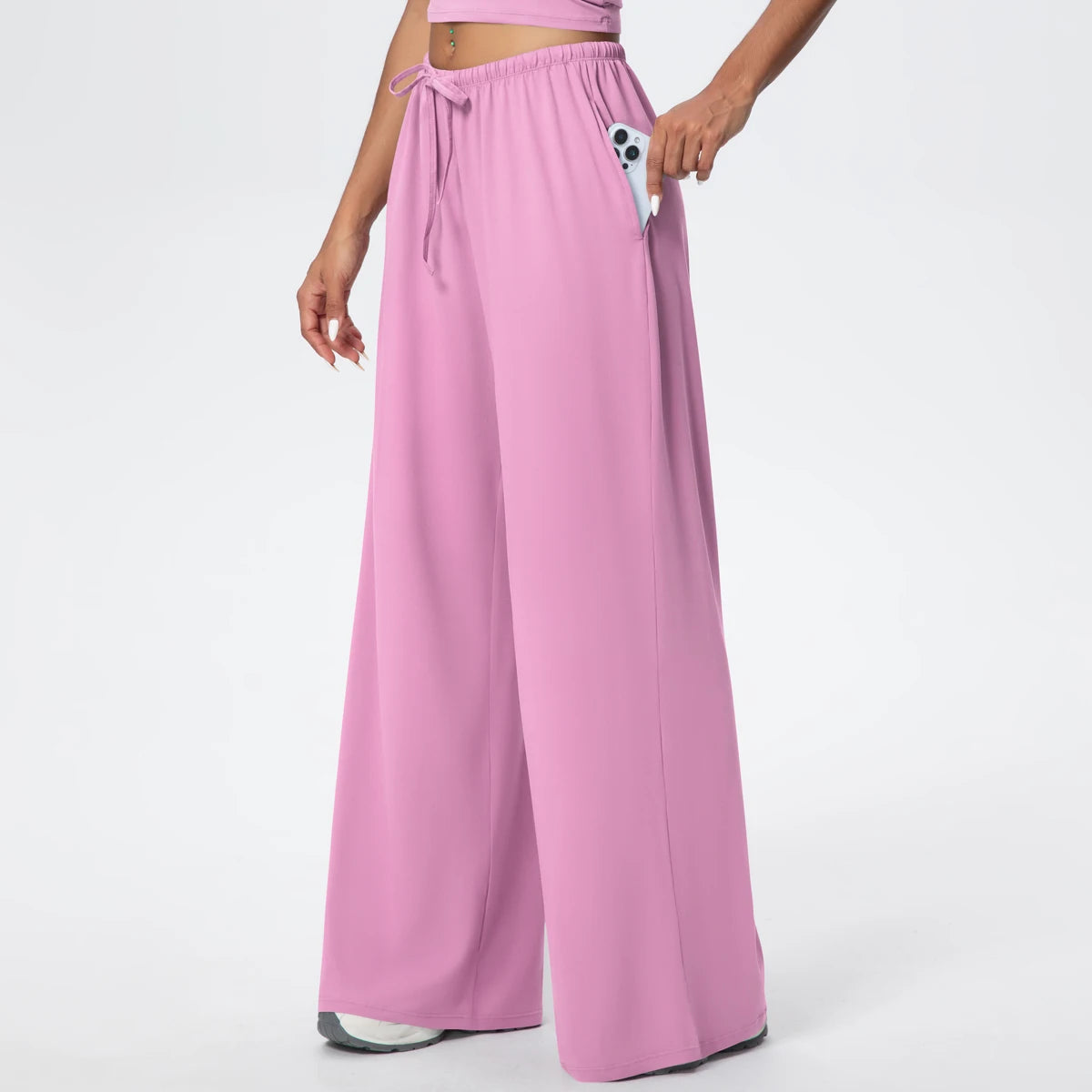 Yoga-Hose Damen, hoher Bund mit Kordel, weites Bein, pink