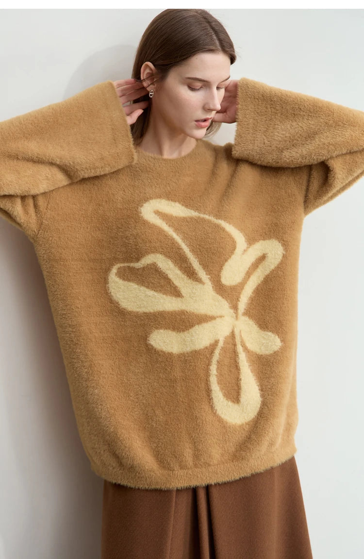 Damen-Pullover kaffebraun mit beigem Jacquard-Blumenmuster, weiches Flauschmaterial