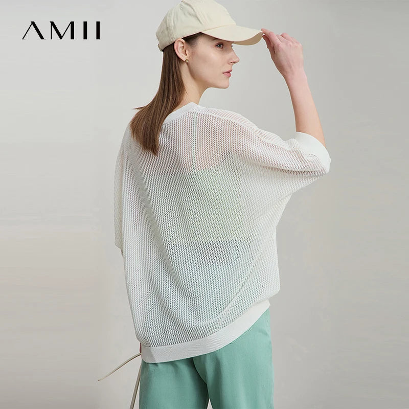 Damen-Strickpullover mit Rundhalsausschnitt, halben Fledermausärmeln, cremefarbene Maschen