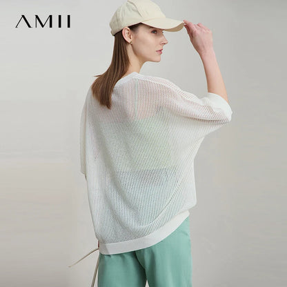 Damen-Strickpullover mit Rundhalsausschnitt, halben Fledermausärmeln, cremefarbene Maschen