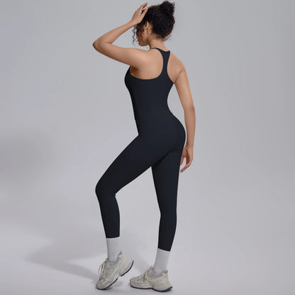 Damen-Yoga-Set aus Stretchstoff, schwarz, ärmellos mit Racerback und Leggings
