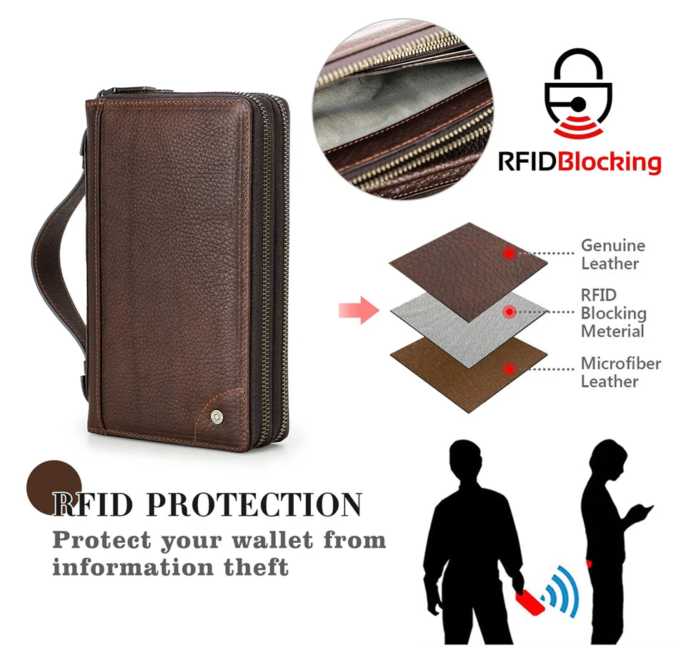 Braune Herren-Lederclutch mit RFID-Schutz, durchgehender Reißverschlussfront