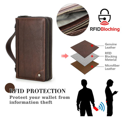 Braune Herren-Lederclutch mit RFID-Schutz, durchgehender Reißverschlussfront
