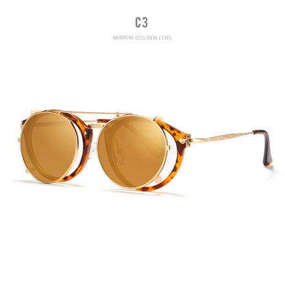 Sonnenbrille rund Steampunk Clip-On abnehmbar polarisiert Markenbox Herren