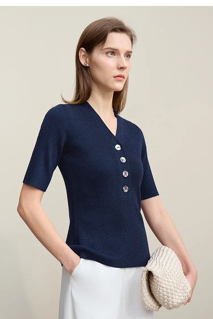Damen V-Ausschnitt Pullover Wolle-Mix Halbarm Slim Frühling-Herbst