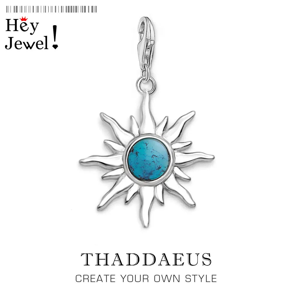 Anhänger aus 925-Sterlingsilber mit blauem Stein, Sonnenform mit Strahlen, seitlich